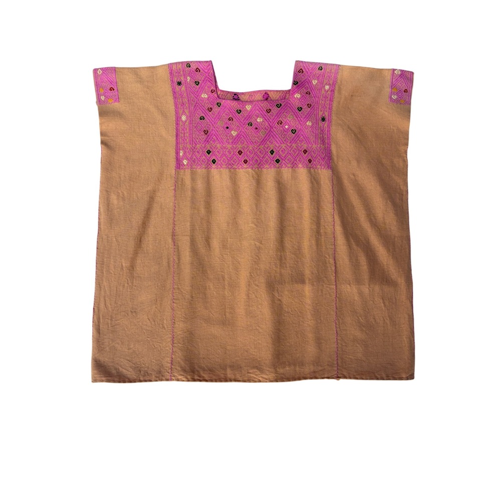 Vintage Handmade Mexican Huipil Tunic Pink Embroidered Cotton Boho Top